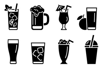 Cold alcoholic and soft drinks icon sheet, black silhouette clipart on white. Beer, cola, mojito and pina colada cocktails, smoothie and juice. Vector element for web design, illustration of beverage - obrazy, fototapety, plakaty