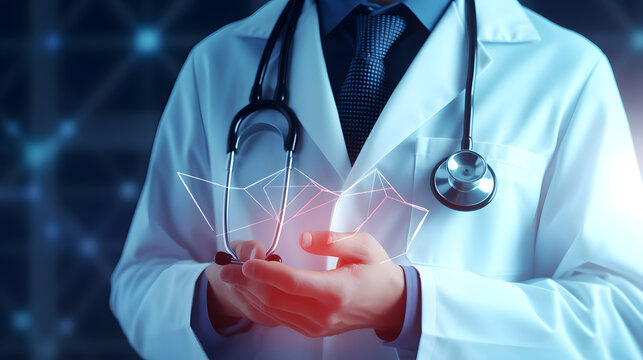 Low polygon Doctor hand with stethoscope and Ui icon medical in hospital with medical technology network concept. generative ai.