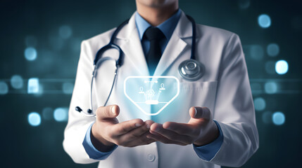 Male medicine doctor hold healthcare medical icons for the Health insurance concept in hospital background. generative ai.