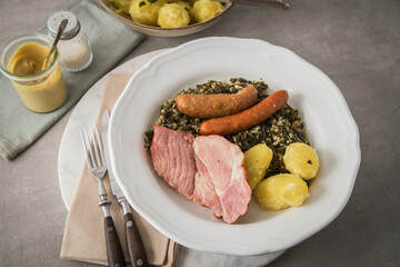 Oldenburger Grünkohl mit geräucherter Kohlwurst, Pinkel, Kassler Nacken, Kartoffeln, Senf, Petersilie auf Teller und hell grau Stein Hintergrund