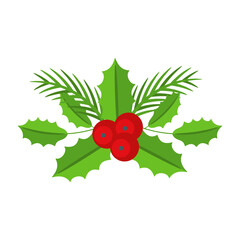 Christmas floral border. Spruce evergreen branch, poinsettia and holly berry