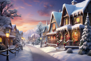 a scene of houses in a winter village in a snow covered street - obrazy, fototapety, plakaty