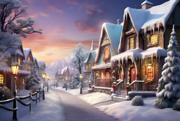 Foto op Canvas a scene of houses in a winter village in a snow covered street © Kien