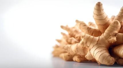 Close-up portrait of ginger rhizome against white background with space for text, background image, AI generated - obrazy, fototapety, plakaty