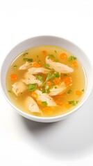 Close-up portrait of chicken soup in a bowl against white background with space for text, background image, AI generated