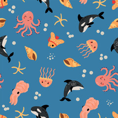 Seamless pattern with sea animals. Octopus, shark, cuttlefish, fish, jellyfish, snacks, starfish	