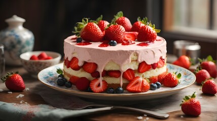 Victoria Sponge Cake with delicious Chantilly cream and fresh strawberries. strawberry cake on a black plate and marble worktop. Made with almond flour. Ai ganerated image