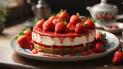 Fraisier mousse cake. Strawberry cake with sponge cake, mousse and jelly on a gray concrete background. Summer dessert. Selective focus.. Ai ganerated image - obrazy, fototapety, plakaty