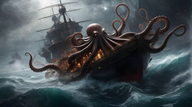 A huge octopus attack to ship. Octopus attack to piret ship. Ai ganerated image