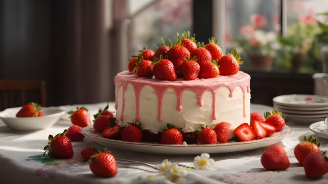 Strawberry cake, strawberry sponge cake with fresh strawberries and sour cream on a white background. Ai ganerated image