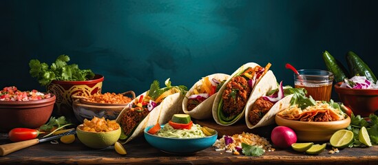 Mexican cuisine with a variety of dishes including tacos, burritos, nachos, and burgers.