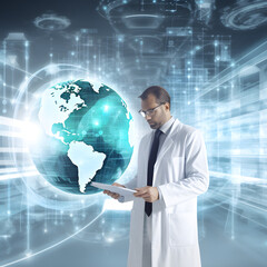 Medical technology. Doctor using computer with global medical healthcare network connection on modern futuristic hospital background isolated on white background. generative ai.