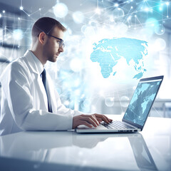 Medical technology. Doctor using computer with global medical healthcare network connection on modern futuristic hospital background isolated on white background. generative ai.