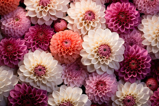 close up of a cluster of different colored dahlia flowers. dahlia flowers pattern wallpaper backdrop