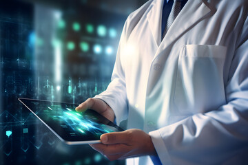 Medicine doctor working digital tablet for medical record of patient on interface. DNA.medical technology and futuristic concept.Digital healthcare and network on modern virtual screen. generative ai.