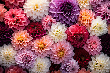 close up of a cluster of different colored dahlia flowers. dahlia flowers pattern wallpaper backdrop