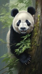 A Giant panda gazing curiously at its surroundings, its expressive eyes capturing the essence of...