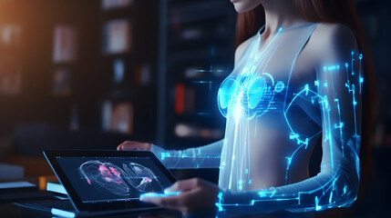 Medicine woman doctor touching digital medical record tablet with Liver. AR of healthcare and network connection on hologram modern. generative ai.