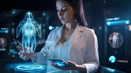 Medicine woman doctor touching digital medical record tablet with Liver. AR of healthcare and network connection on hologram modern. generative ai. - obrazy, fototapety, plakaty
