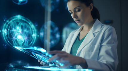 Medicine womsan doctor touching digital medical record tablet with DNA. AR of healthcare and network connection on hologram modern Ui for medical technology and network concept. generative ai.