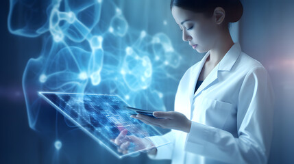 Medicine womsan doctor touching digital medical record tablet with DNA. AR of healthcare and network connection on hologram modern Ui for medical technology and network concept. generative ai.