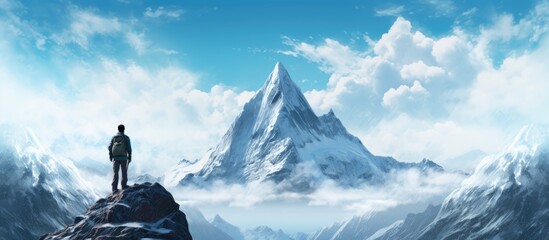 man pondering snowy peak in seclusion