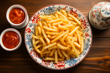 Homemade fries with ketchup.
