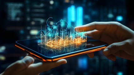 planning and strategy, Stock market, Business growth, progress or success concept. Hand of Businessman or trader touching showing a growing virtual hologram stock on smartphone, invest. generative ai.