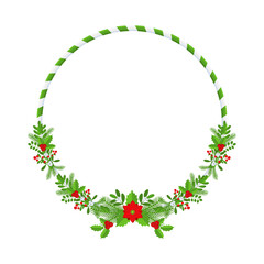 Christmas round floral wreath frame. Traditional winter garland icon