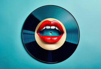 Vinyl music record with an open female mouth with red lipstick on a blue background