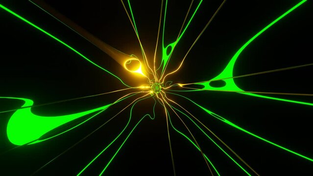 3D animation of a mutant sci-fi bright glowing neon tunnel seamless loop. 4K animation graphics vj abstract background.