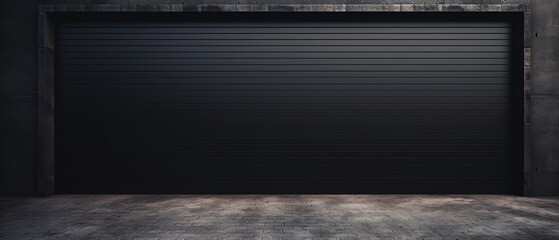 Metal shutter warehouse gate isolated, garage with black tilt-up retractable raised panel metal door. Shutters gates steel doors loading section garage view. Generative ai