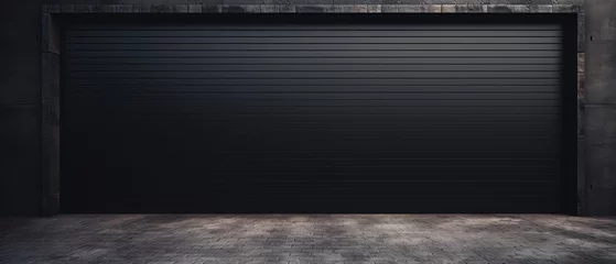 Foto op Plexiglas Metal shutter warehouse gate isolated, garage with black tilt-up retractable raised panel metal door. Shutters gates steel doors loading section garage view. Generative ai © Mickael