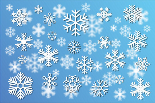 Beautiful falling snow flakes wallpaper. Snowfall dust freeze granules. Snowfall sky white teal blue background. 