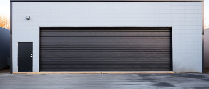 Metal shutter warehouse gate isolated, garage with black tilt-up retractable raised panel metal door. Shutters gates steel doors loading section garage view. Generative ai