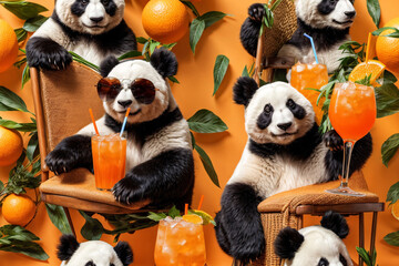 Funny panda wearing a summer straw hat and stylish sunglasses, holding glasses with cocktail drinks...