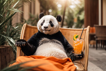 Funny panda wearing a summer straw hat and stylish sunglasses, holding glasses with cocktail drinks...