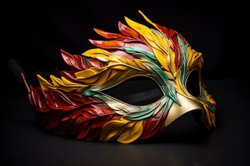 Brown red, green, and yellow feathered masquerade masks on the black background.