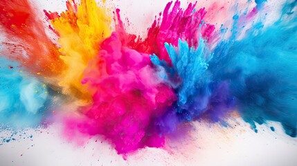Dynamic Color Blast. Colored Powder Explosion on White Background - Abstract Closeup Dust, Holi Paint Effect. - obrazy, fototapety, plakaty