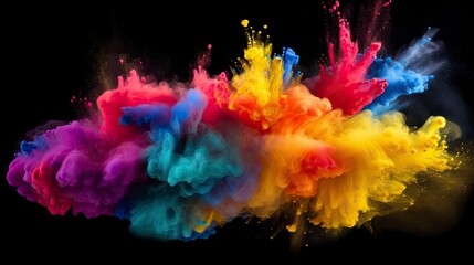 Holi Night Burst. Colored Powder Explosion on Black Background.