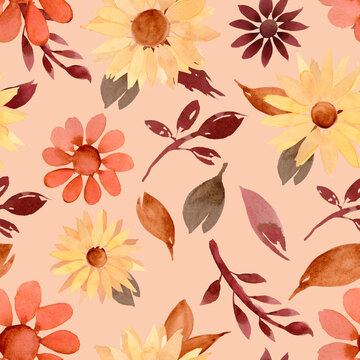 A delicate watercolor pattern displaying sunflowers and foliage in soft peach tones, creating a gentle and soothing textile or wallpaper design
