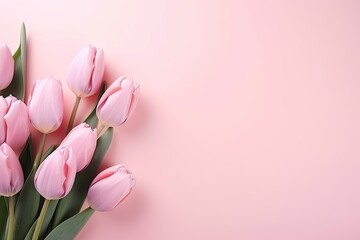 Pink Tulips on Blush Background. Celebrating Special Occasions Valentine's Day, Easter, Birthday, Happy Women's Day, Mother's Day. Flat lay, top view, copy space