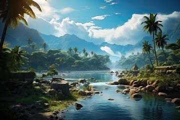 Tropical landscape with river in the jungle. Mountains in the background. Generative AI Art. Beautiful view.