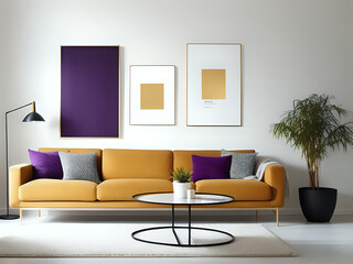 3 Bilderrahmen über orangem Sofa
