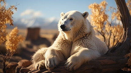 Polar bear Ursus maritimus sitting on tundra in the wild. Generative AI
