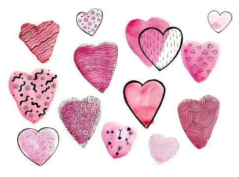 Set of hearts of different shapes and sizes. Isolated on white background. Watercolor stains of different shades of pink. Drawing with black outline on top. Each heart has different ornament. Doodle.