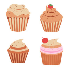 Cupcake Dessert With Cream and Chocolate. Vector Illustration Set. 