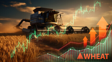 Modern combine harvester at work with upward financial trends in the wheat industry