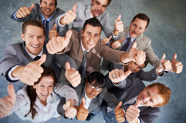 Portrait, group and happy business people thumbs up for motivation, corporate feedback or job well done . Emoji like icon, top view and professional team yes sign for voting opinion agreement - obrazy, fototapety, plakaty