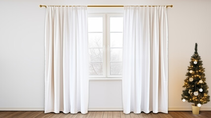 Interior modern style of apartment with big window and white curtains, Christmas tree and object for home decorations,